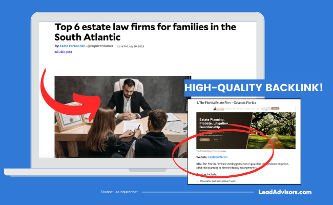 A high-quality backlink example featuring an Inquirer.net article listing top estate law firms with an editorial link to a highlighted firm website.