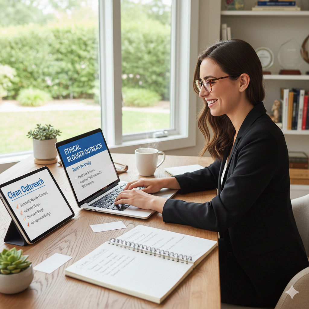 A woman working at a desk with two screens showing clean outreach and ethical blogger outreach guidelines.