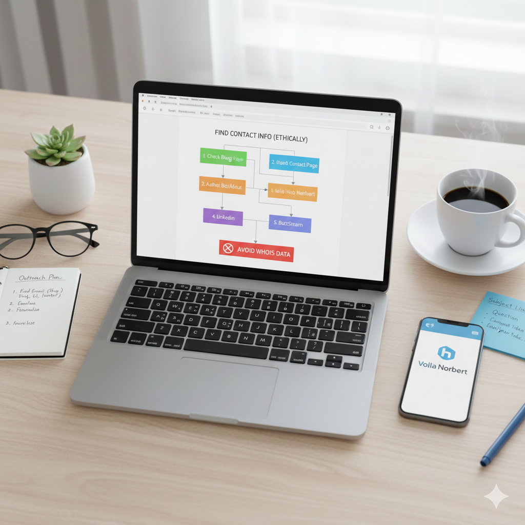 A laptop displays a flowchart on ethically finding contact information beside a phone, coffee cup, and workspace items.