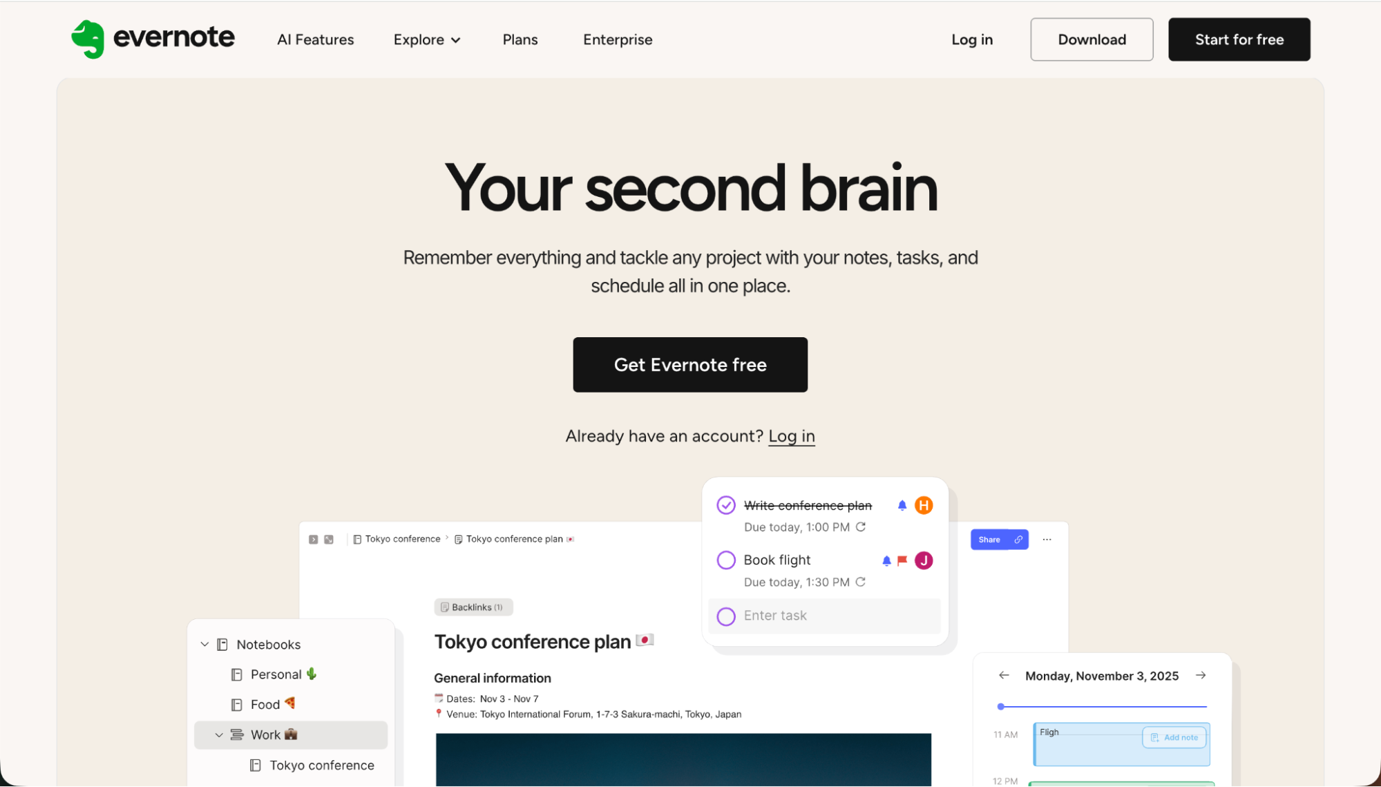 Evernote homepage featuring its note-taking and organization platform designed to manage tasks, schedules, and projects in one place.
