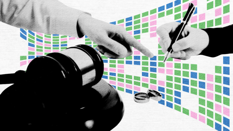 A stylized graphic depicting legal themes such as dispute resolution and divorce documentation, representing family law processes.