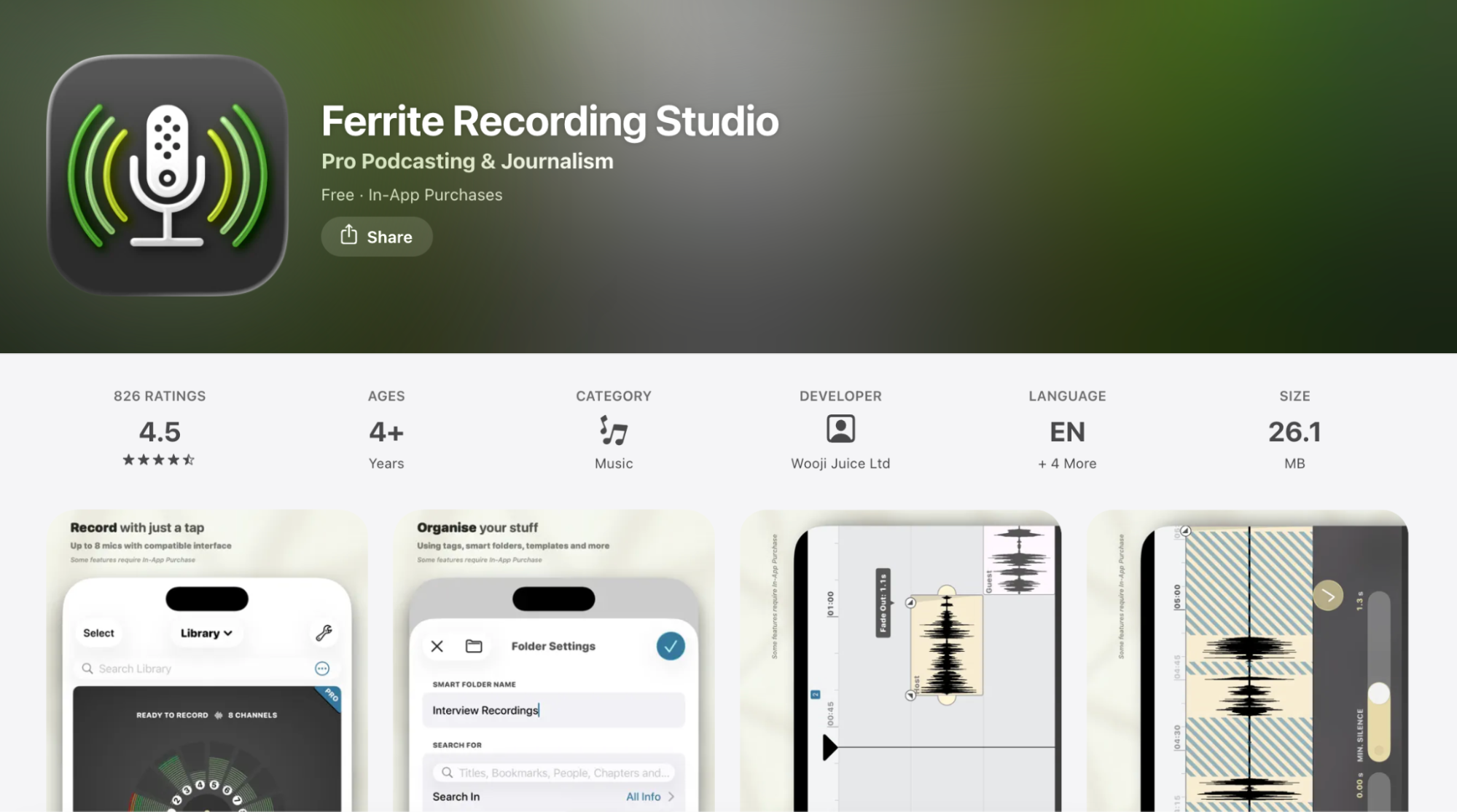 Screenshot of the Ferrite Recording Studio App Store listing showing podcast recording features and audio editing tools.