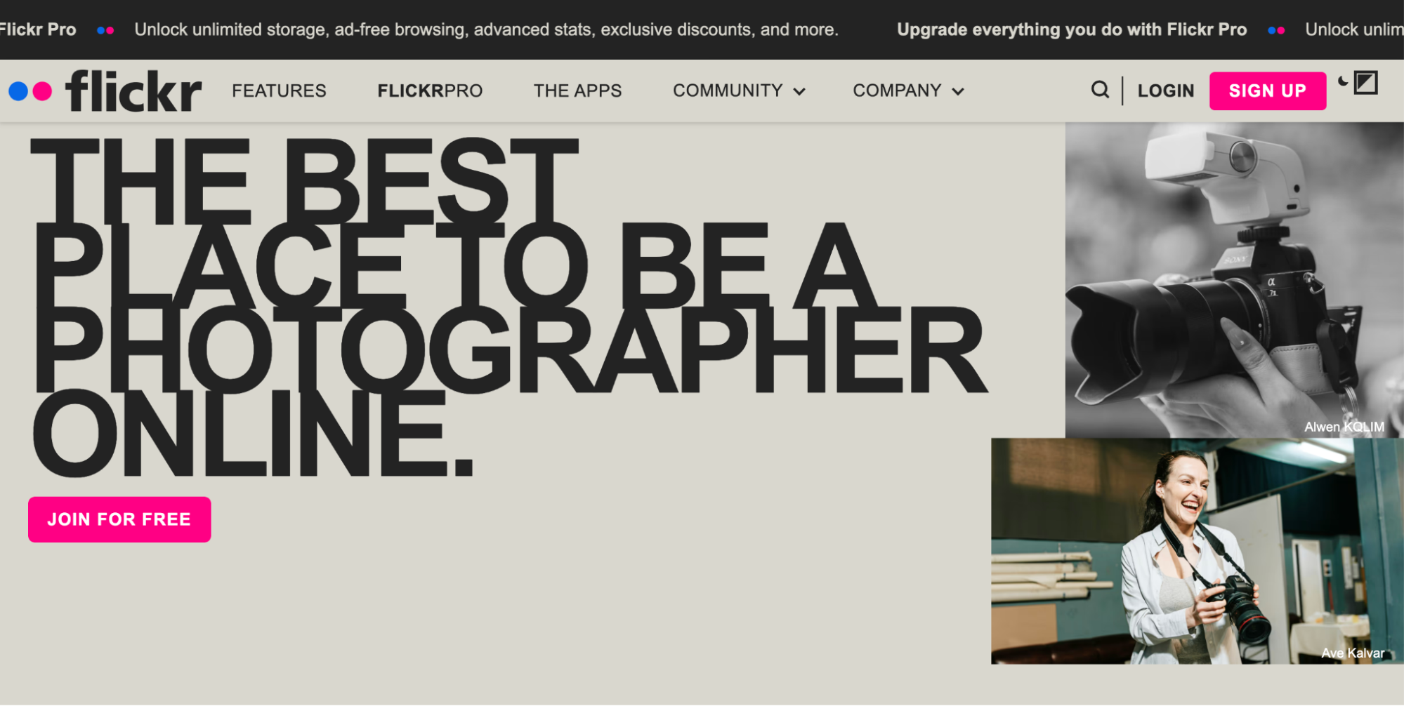 Flickr homepage showcasing photo sharing and community features as an Instagram alternative. Designed for photographers who want albums, groups, and long-term image hosting.