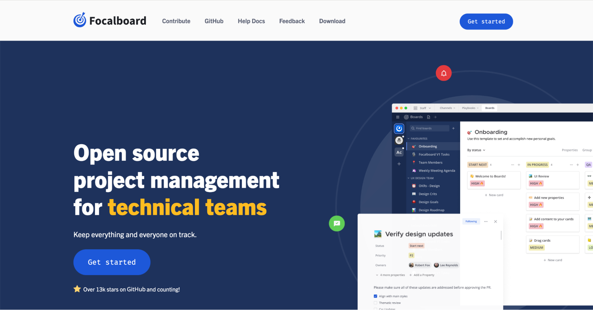 Focalboard homepage showcasing its open-source project management platform built for technical teams to organize tasks and workflows.