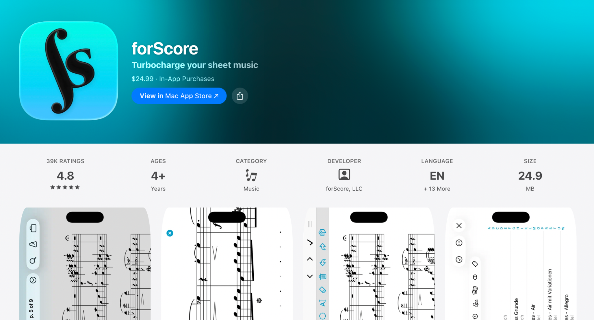 Screenshot of the forScore App Store listing displaying digital sheet music viewing and annotation tools for musicians.