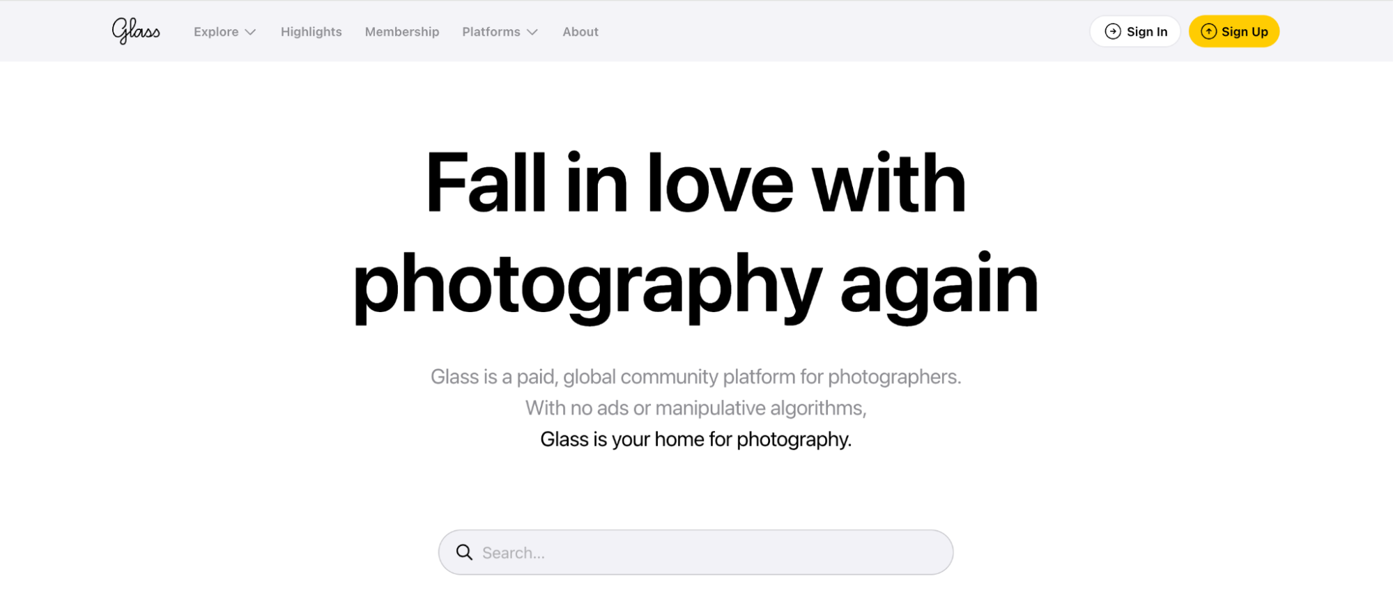 Glass homepage promoting a paid photography community as an Instagram alternative. The platform removes ads and algorithms to support focused visual storytelling.