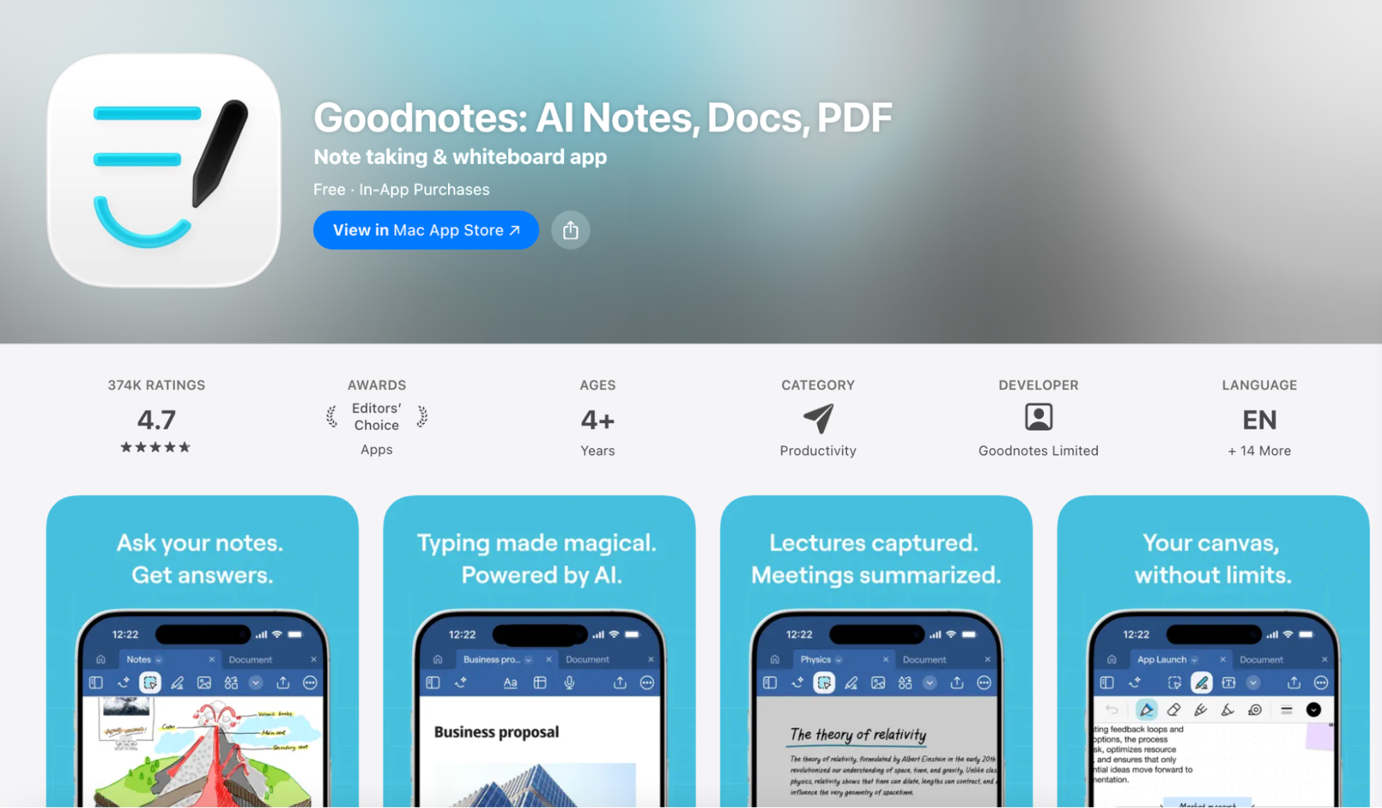 Screenshot of the Goodnotes App Store listing highlighting AI-powered note-taking, document editing, and whiteboard features.