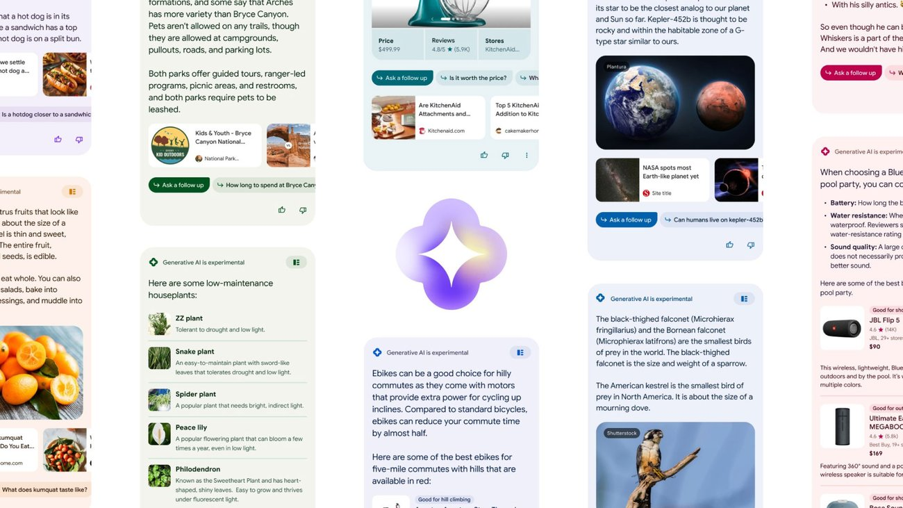 Google AI search results displayed with multiple content cards, including answers, images, and product comparisons.