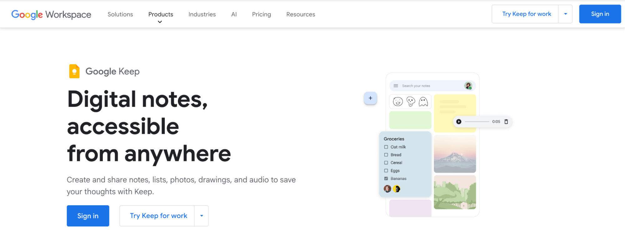 Google Keep homepage promoting its cloud-based note-taking tool for creating and organizing digital notes, lists, drawings, and audio.
