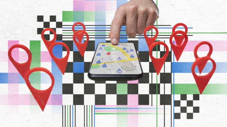 Illustration showing Google Maps with multiple location pins representing local search and proximity signals.