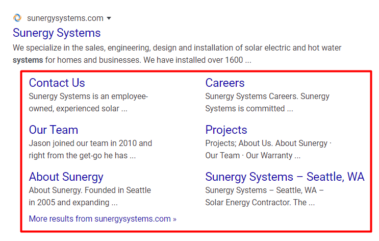 Google search result showing expanded sitelinks such as Contact Us, Careers, Projects, and About pages for a branded query.