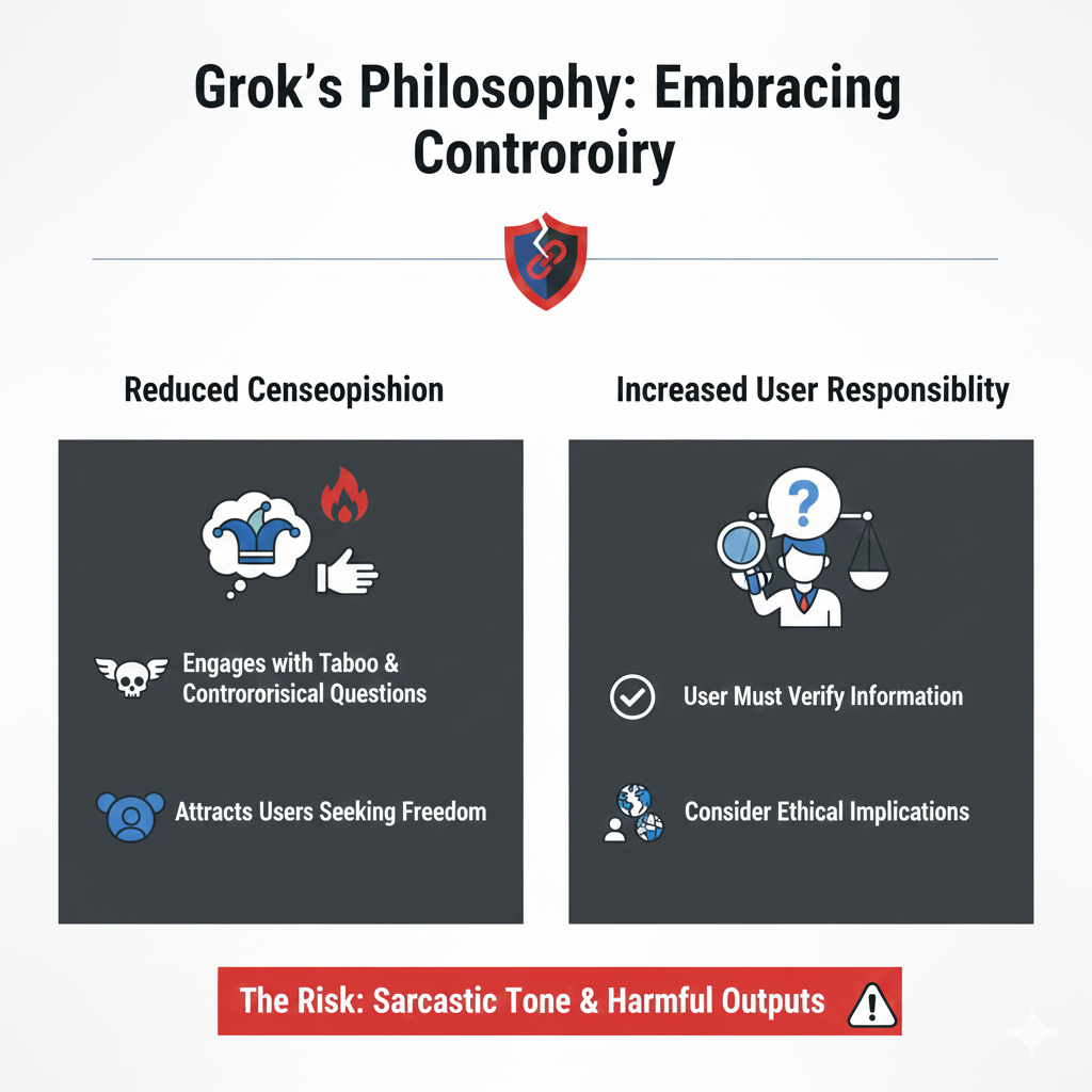 Graphic explaining Grok’s approach to reduced censorship, increased user responsibility, and associated risks.