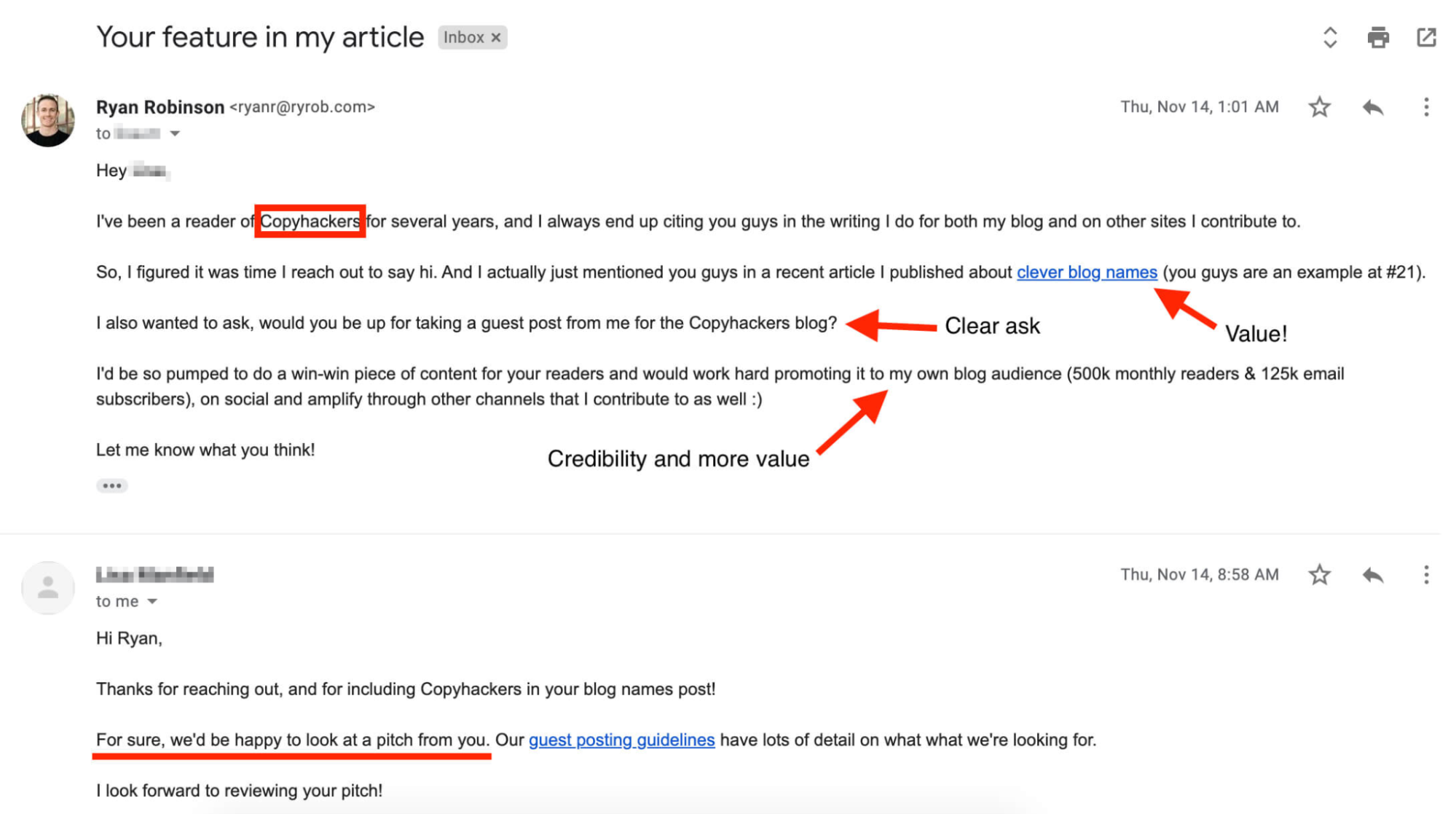 A screenshot of a personalized outreach email highlighting clear value, credibility, and a request for a guest post.