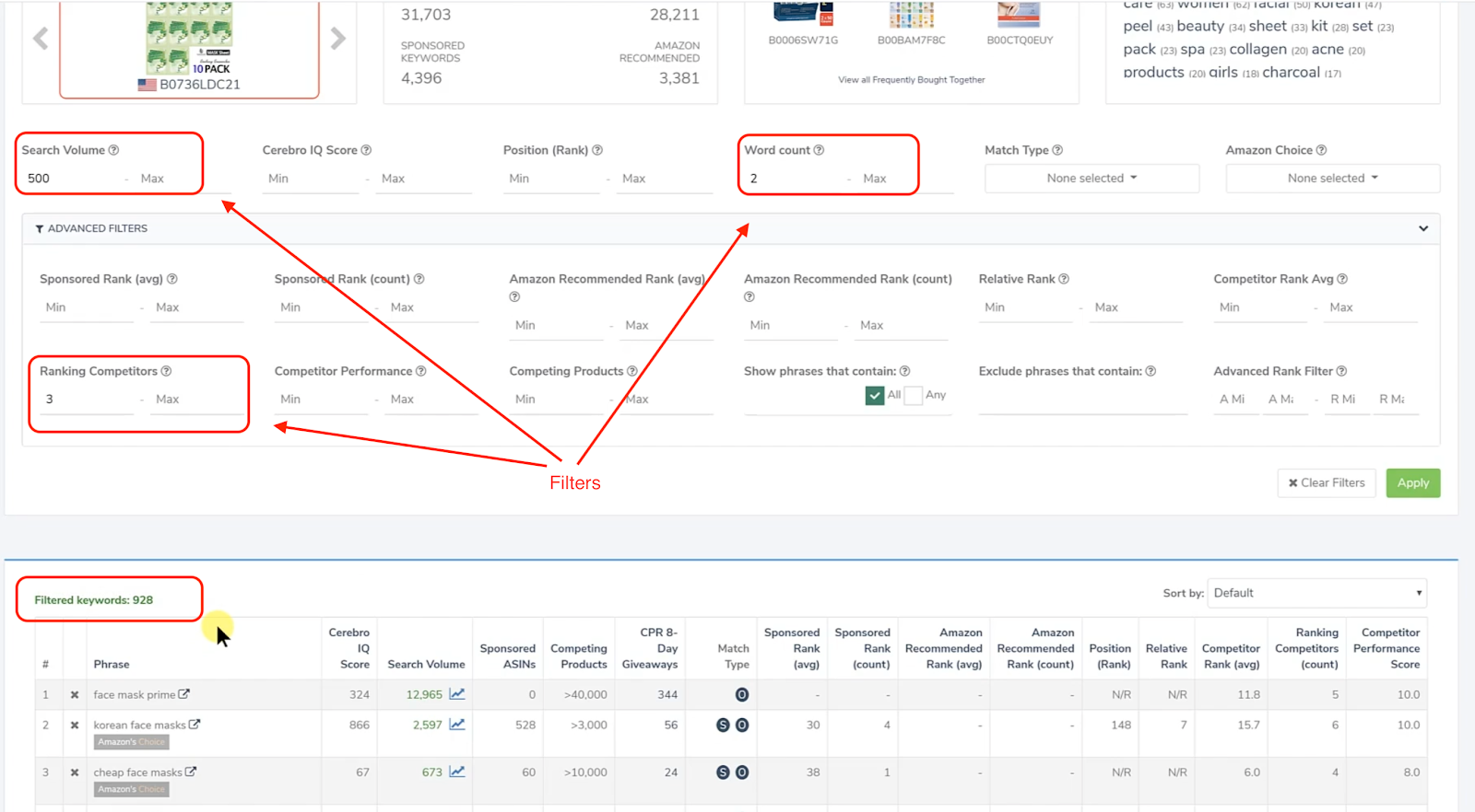 Helium 10 keyword tool interface showing filters such as search volume, word count, and ranking competitors with resulting filtered keyword list.