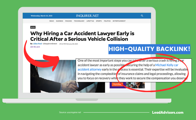 A high-quality editorial backlink example showing an Inquirer.net article linking to a car accident attorney, highlighting SEO value for law firms.