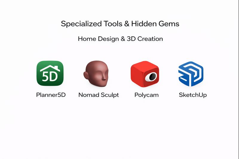 Graphic highlighting specialized home design and 3D creation apps including Planner5D, Nomad Sculpt, Polycam, and SketchUp.