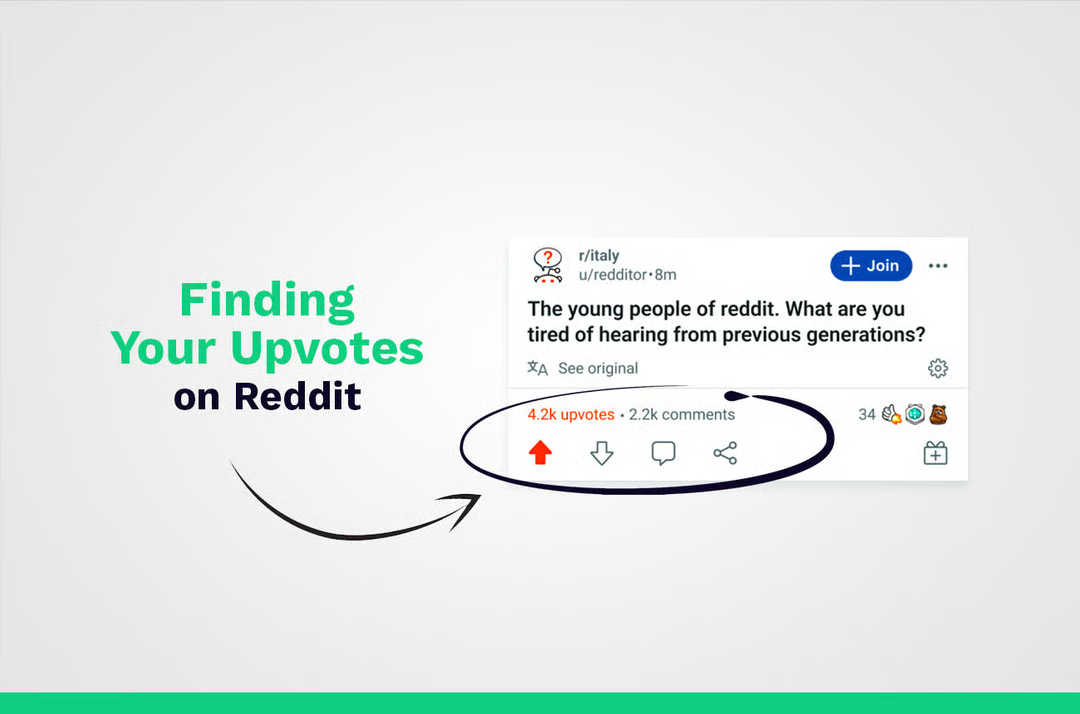 Graphic demonstrating how to locate upvotes on Reddit, featuring a sample post with visible vote and comment counts.