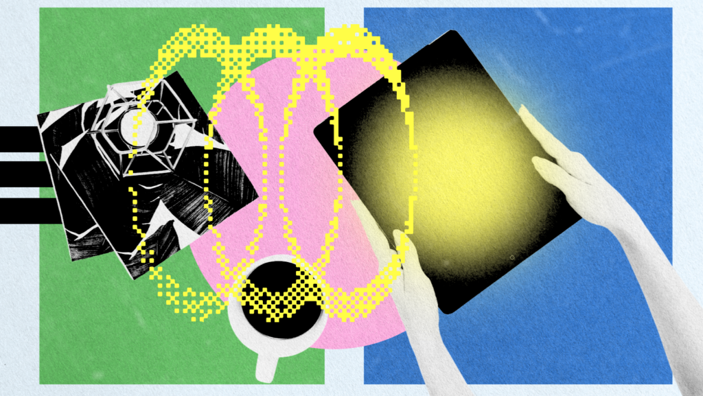 Abstract collage illustration showing hands holding a book and creative elements representing reading, media, and ideas.