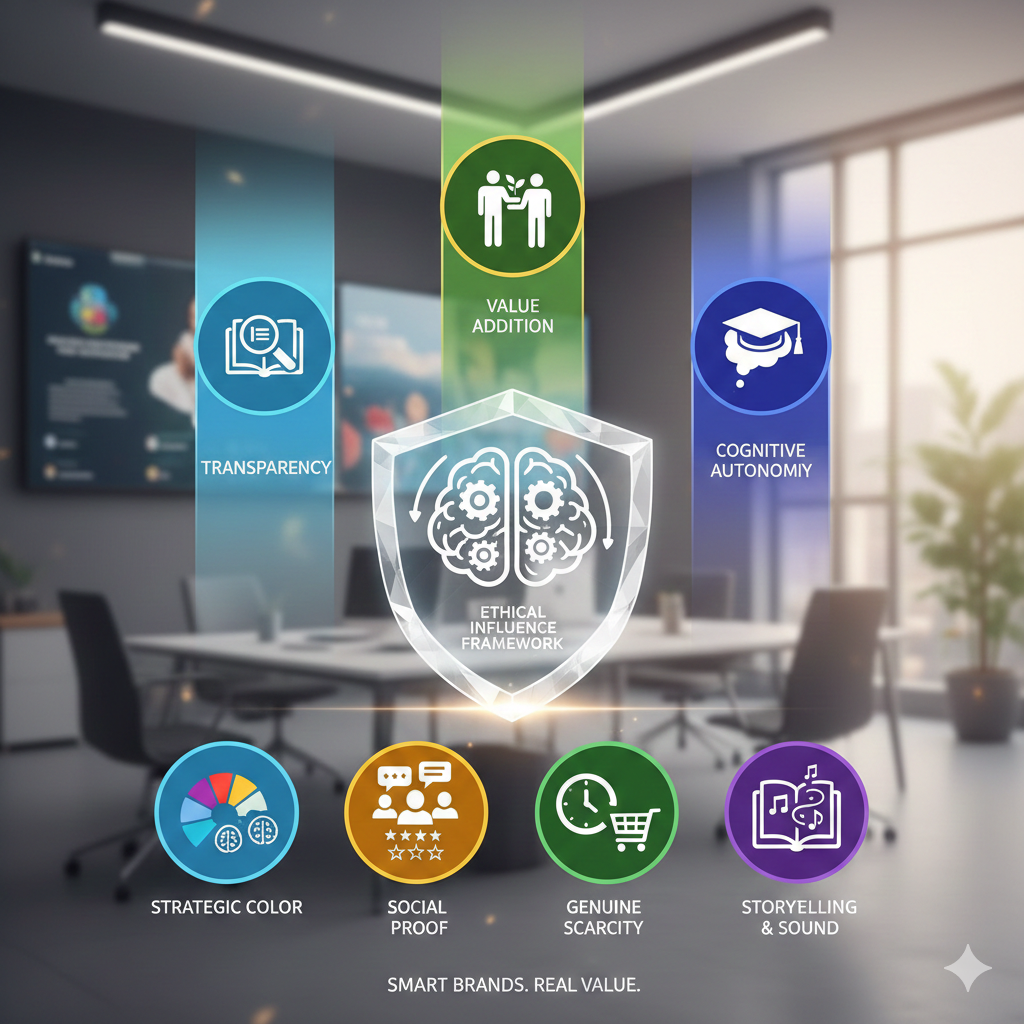 An infographic presents an ethical influence framework highlighting transparency, value addition, cognitive autonomy, and strategic branding elements like color, social proof, scarcity, and storytelling.