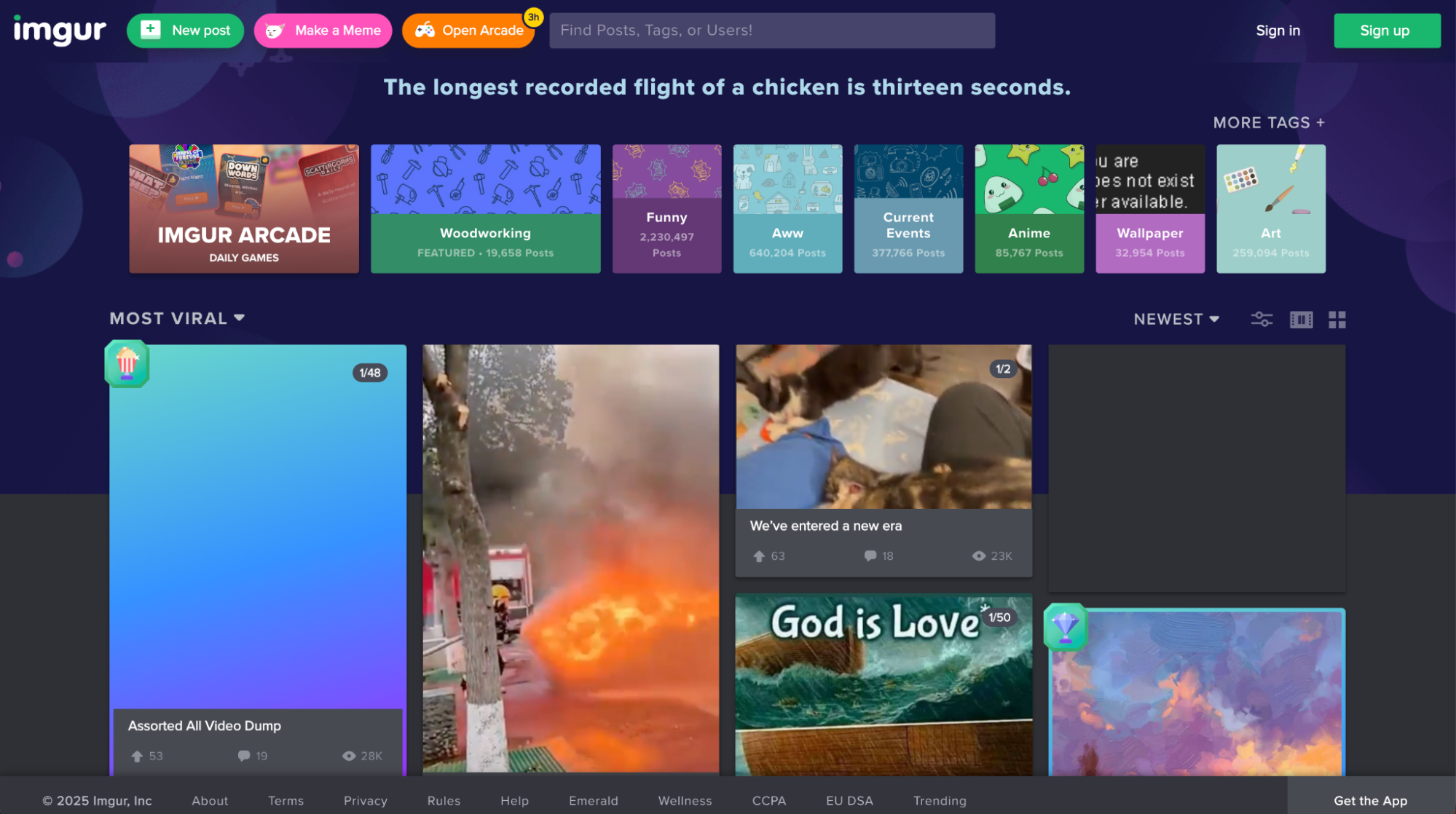 Imgur homepage displaying viral images, memes, and community categories as a casual Instagram alternative. The platform prioritizes community engagement over follower counts.