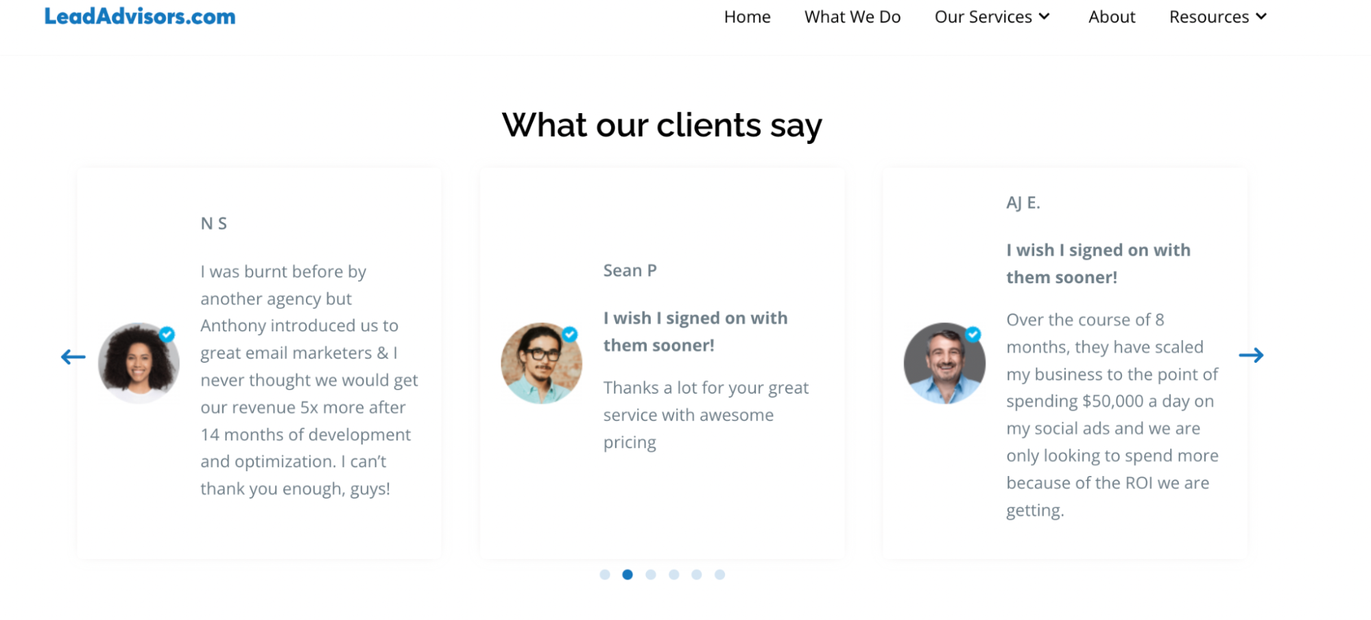A testimonials carousel from LeadAdvisors featuring three clients sharing positive feedback alongside their profile photos and names.