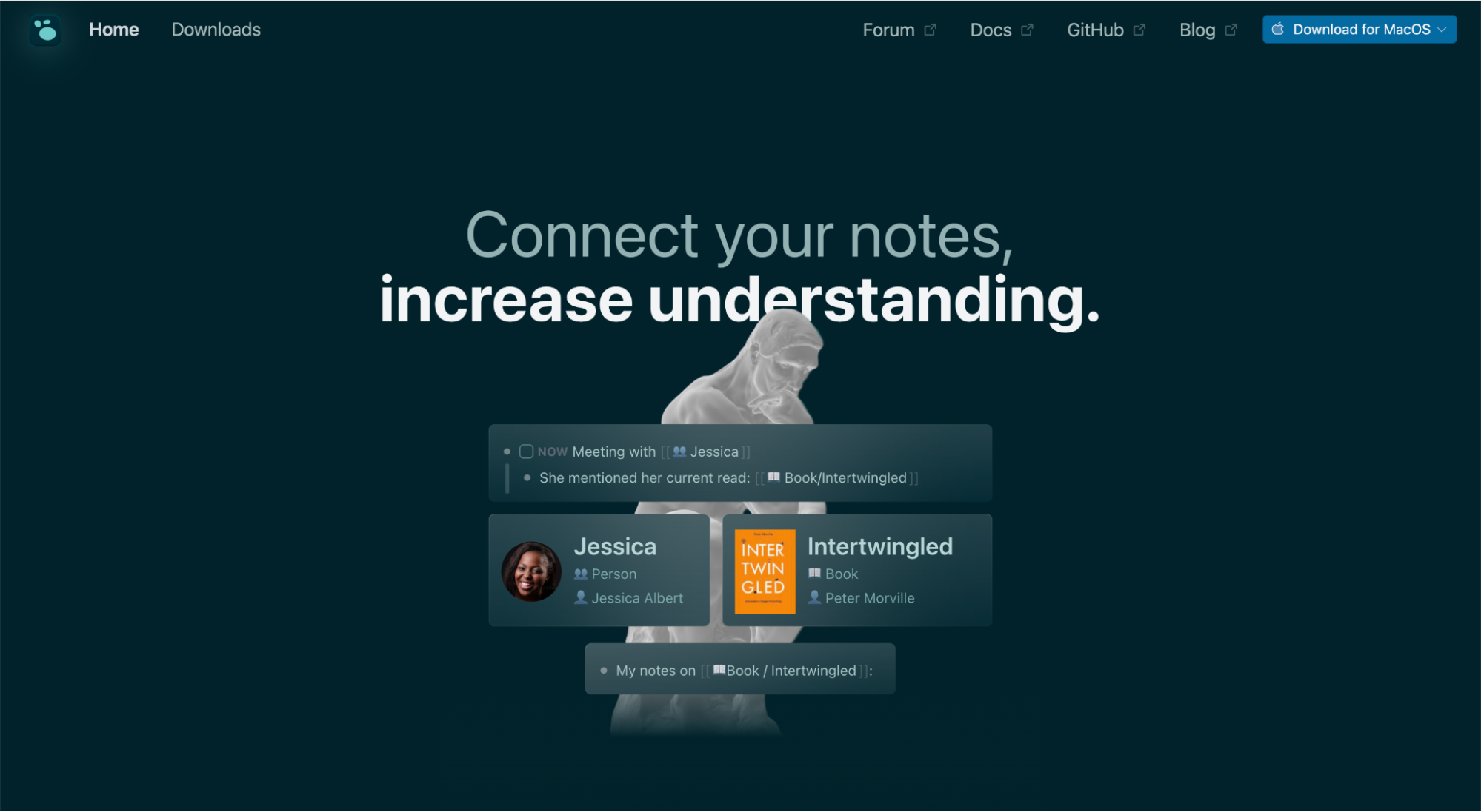 Logseq landing page highlighting its connected note-taking system designed to improve understanding through linked thoughts.
