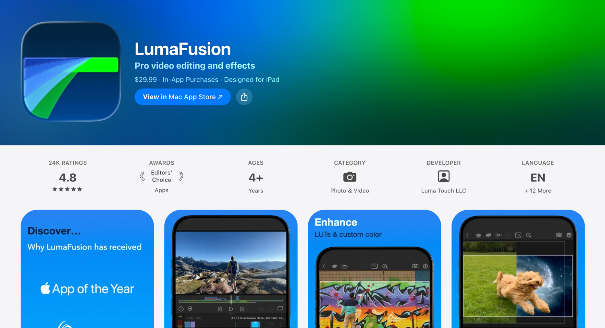App Store page for LumaFusion showing professional video editing tools, timeline previews, and color grading features.