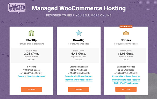 Pricing table showing managed WooCommerce hosting plans with the Woo logo, comparing StartUp, GrowBig, and GoGeek tiers and features.