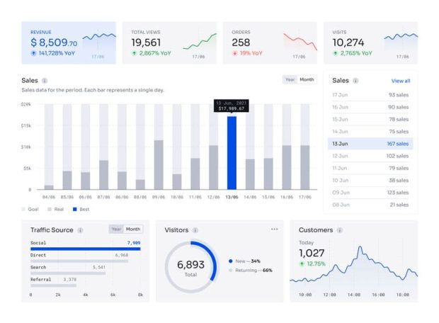 A dashboard displaying sales, traffic sources, customer metrics, and visitor analytics with daily performance charts.