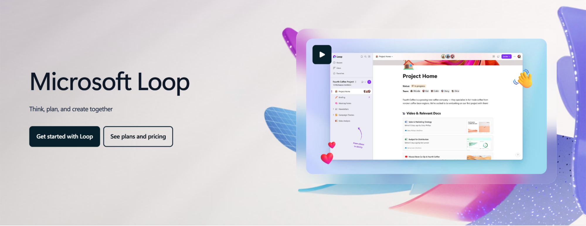 Microsoft Loop homepage showcasing its collaborative workspace for teams to think, plan, and create together using shared components and pages.
