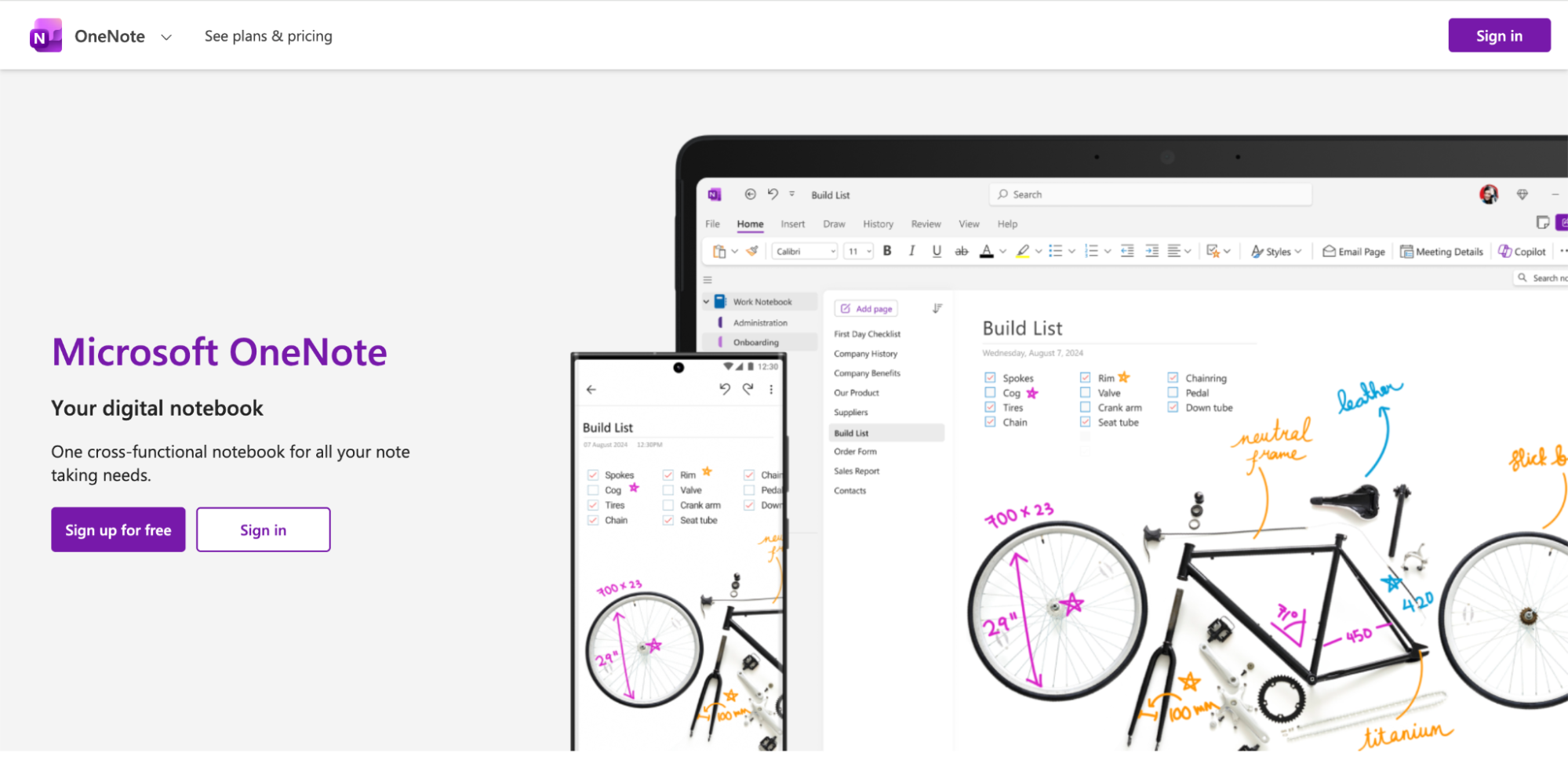 Microsoft OneNote homepage promoting its digital notebook for organizing notes, lists, and ideas across devices with cross-functional features.