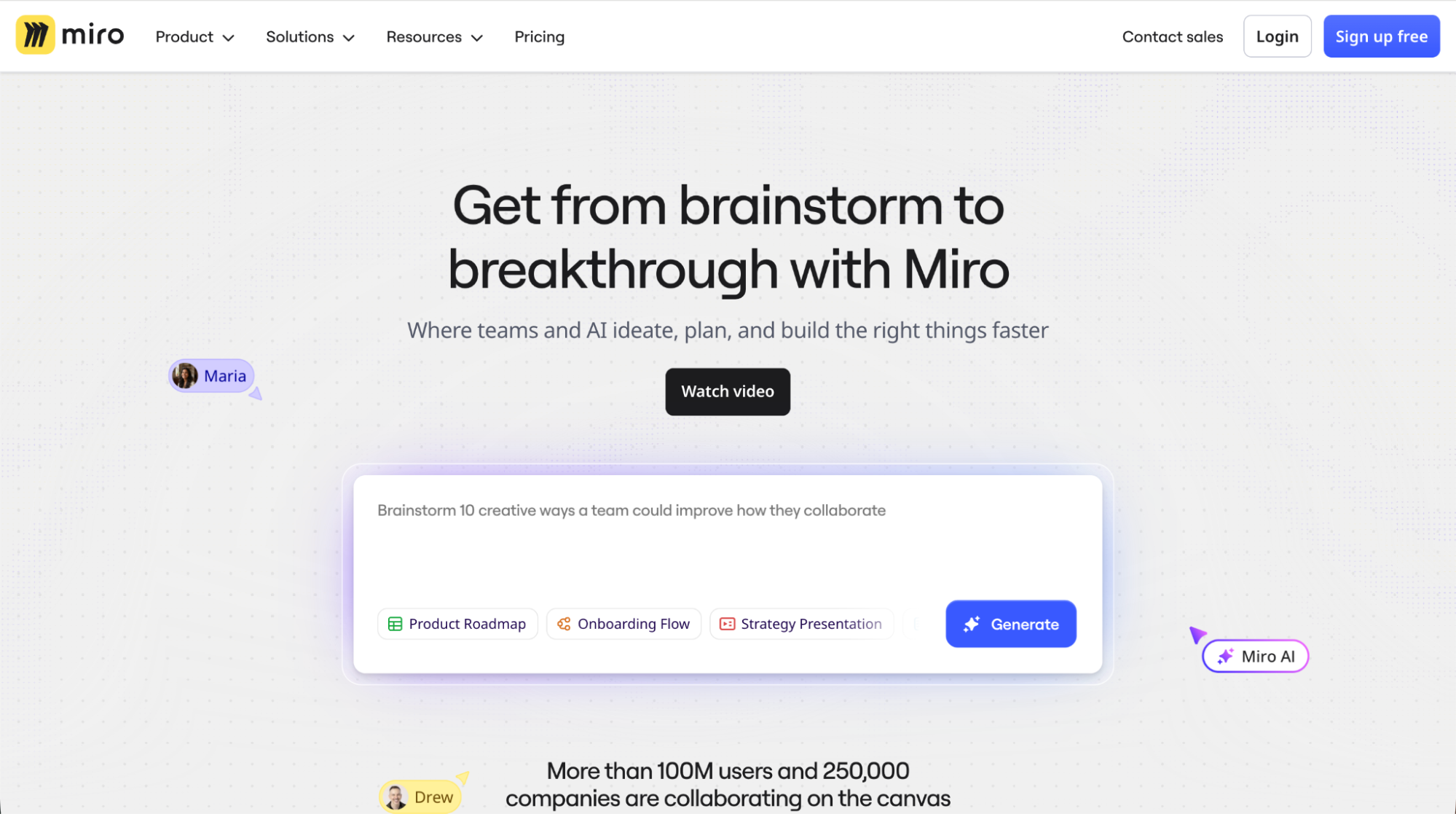 Miro homepage promoting its collaborative whiteboard platform for brainstorming, planning, and building ideas with AI support.