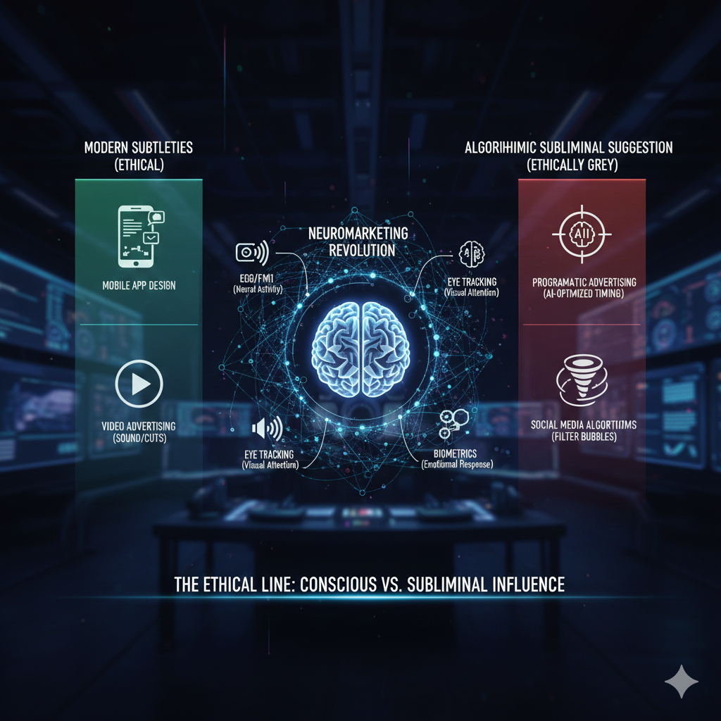 An infographic illustrates the divide between ethical marketing techniques and ethically grey subliminal tactics within the neuromarketing revolution.