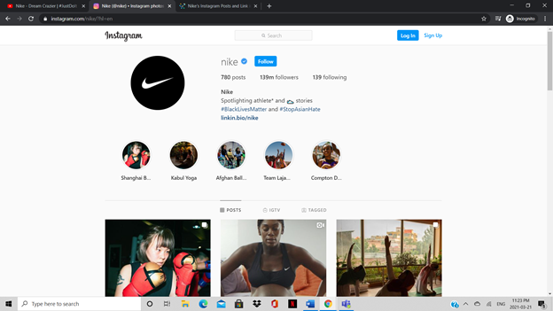 A screenshot of Nike’s Instagram profile showing its logo, follower count, story highlights, and a preview grid of recent posts.