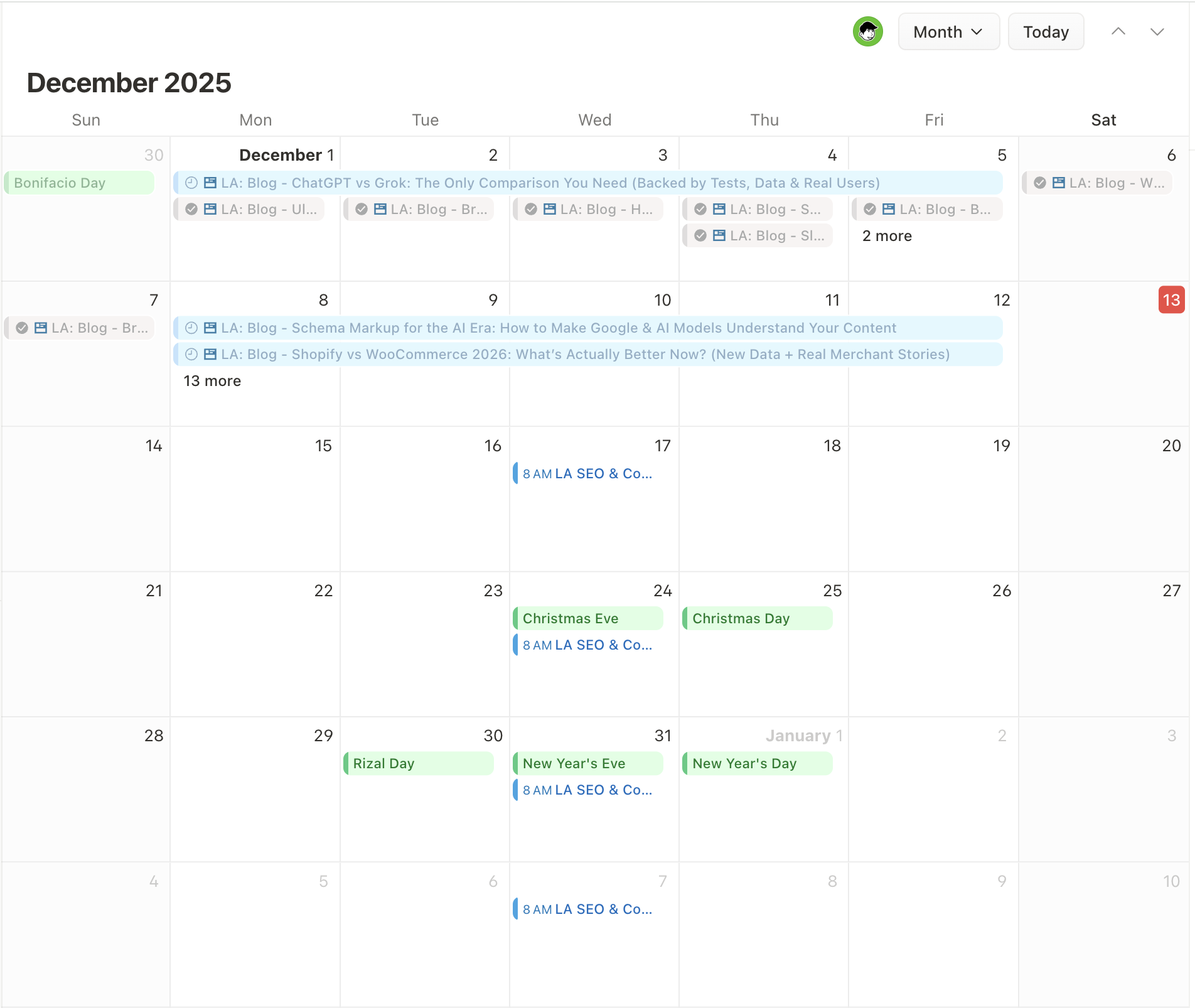 This screenshot shows Notion’s calendar view used for content planning and scheduling. It demonstrates how Notion combines tasks, deadlines, and team visibility in one workspace.