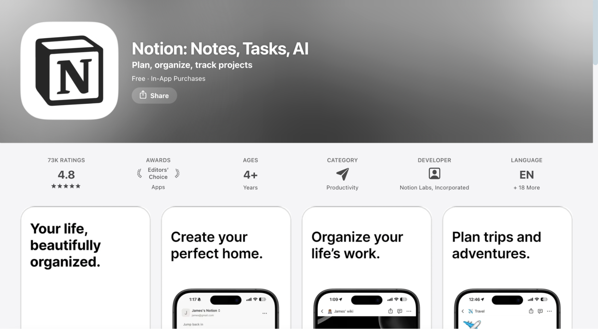 Screenshot of the Notion iOS App Store page highlighting its productivity features, ratings, and interface previews.