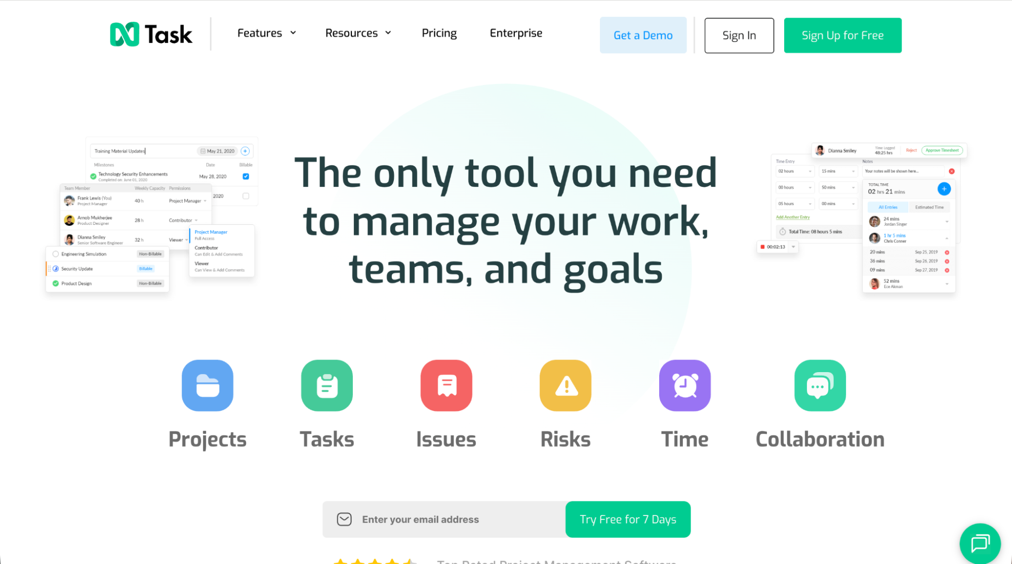nTask homepage highlighting its all-in-one tool for managing projects, tasks, issues, risks, time tracking, and team collaboration.