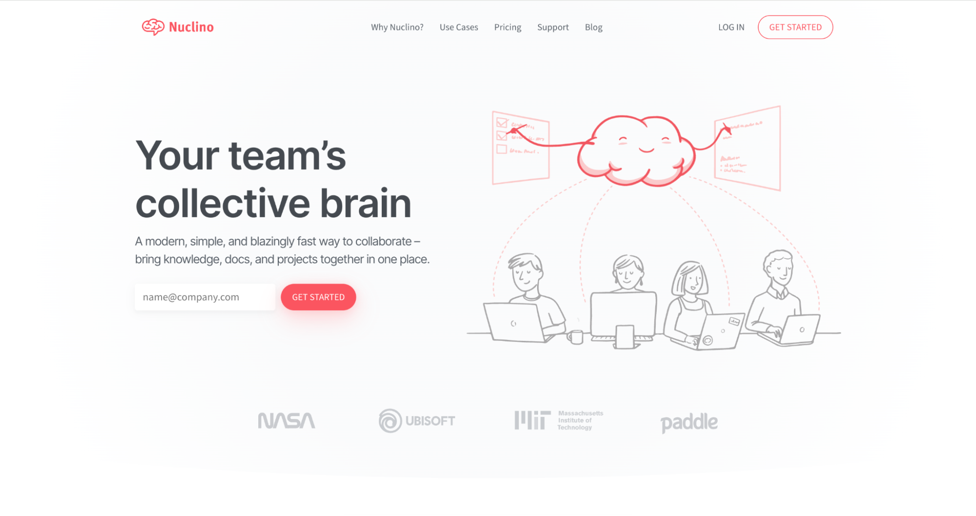 Nuclino homepage featuring its fast, simple collaboration platform that unifies team knowledge, documentation, and projects.