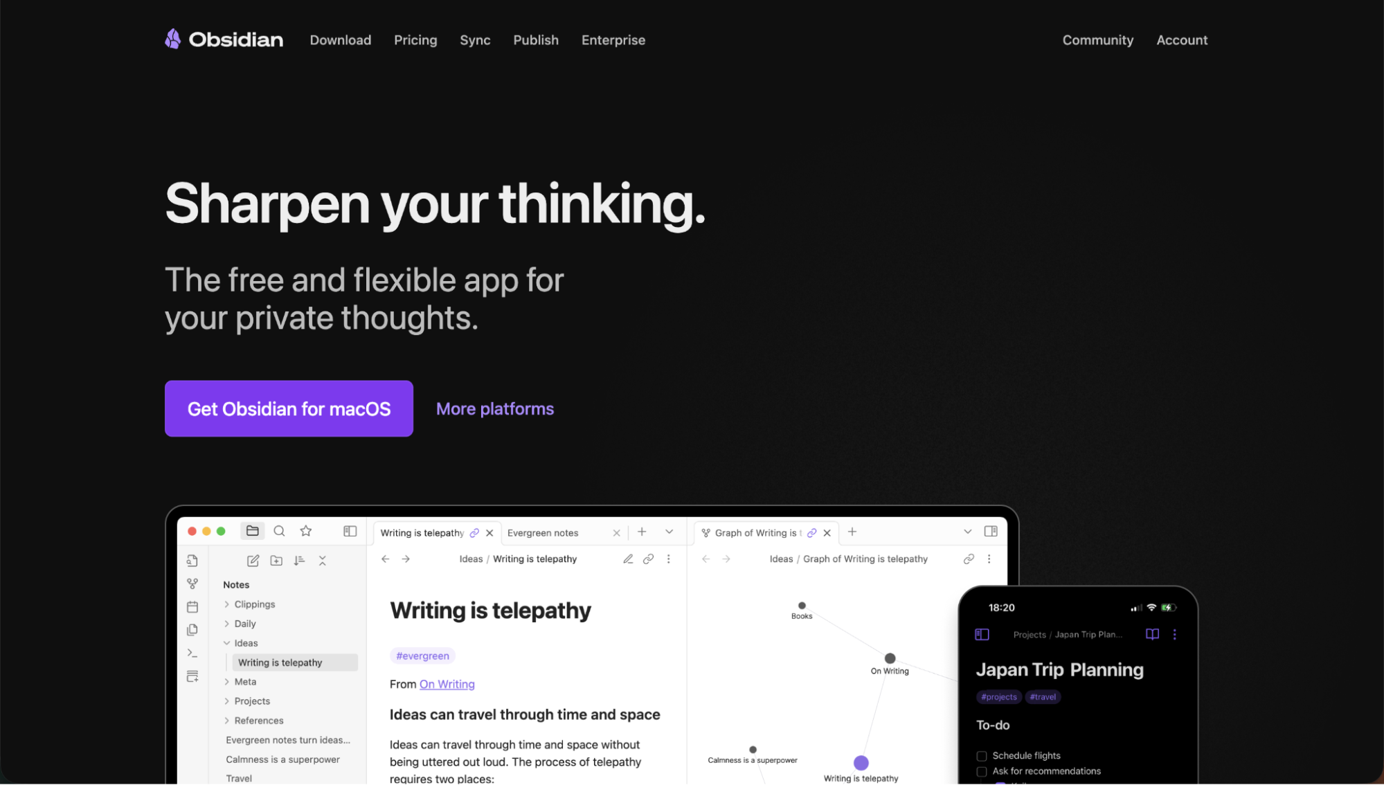 Obsidian homepage presenting its flexible note-taking app with knowledge graphs for organizing private thoughts and ideas.
