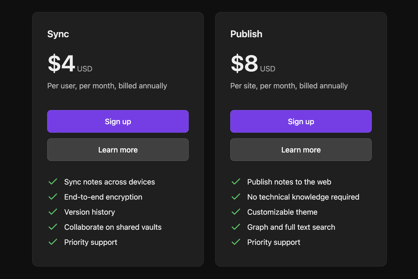 This image outlines Obsidian pricing plans, including Sync and Publish features with monthly costs. It helps compare Obsidian’s optional paid services against Notion’s subscription model.