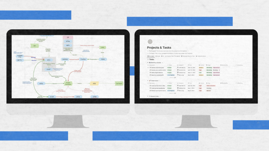 This visual compares Obsidian’s knowledge graph layout with Notion’s structured project workspace. It highlights differences between personal note-linking and database-driven organization.