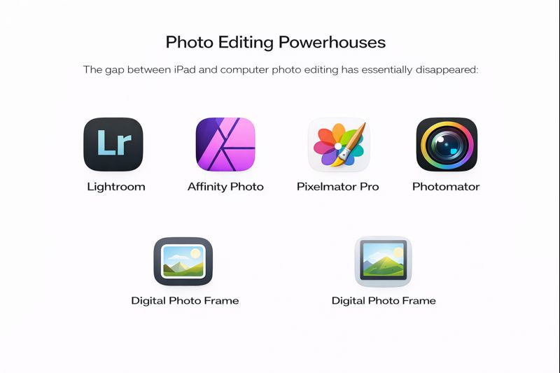 Graphic showing leading photo editing apps for iPad, including Lightroom, Affinity Photo, Pixelmator Pro, and Photomator.