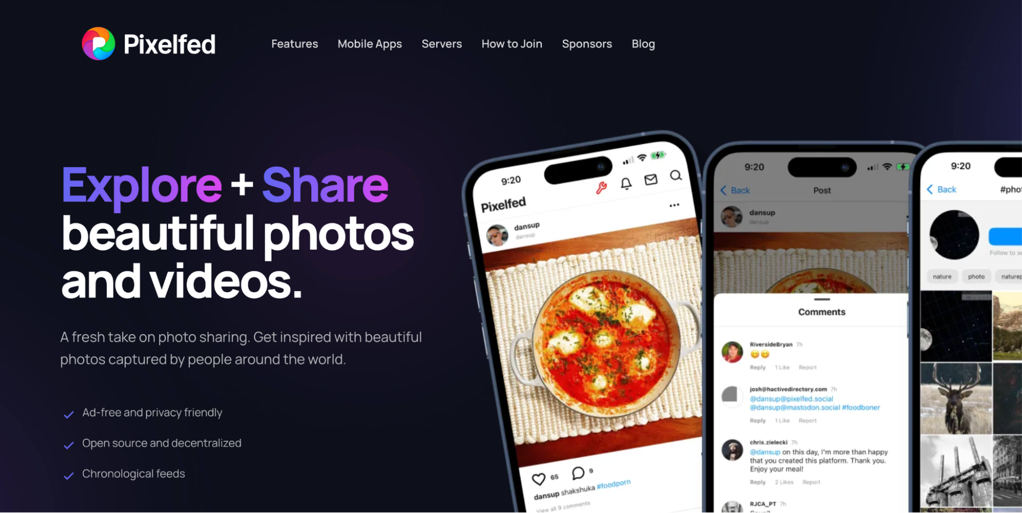 Pixelfed homepage presenting ad-free photo sharing as an Instagram alternative. Built on decentralized technology with a focus on privacy and chronological feeds.