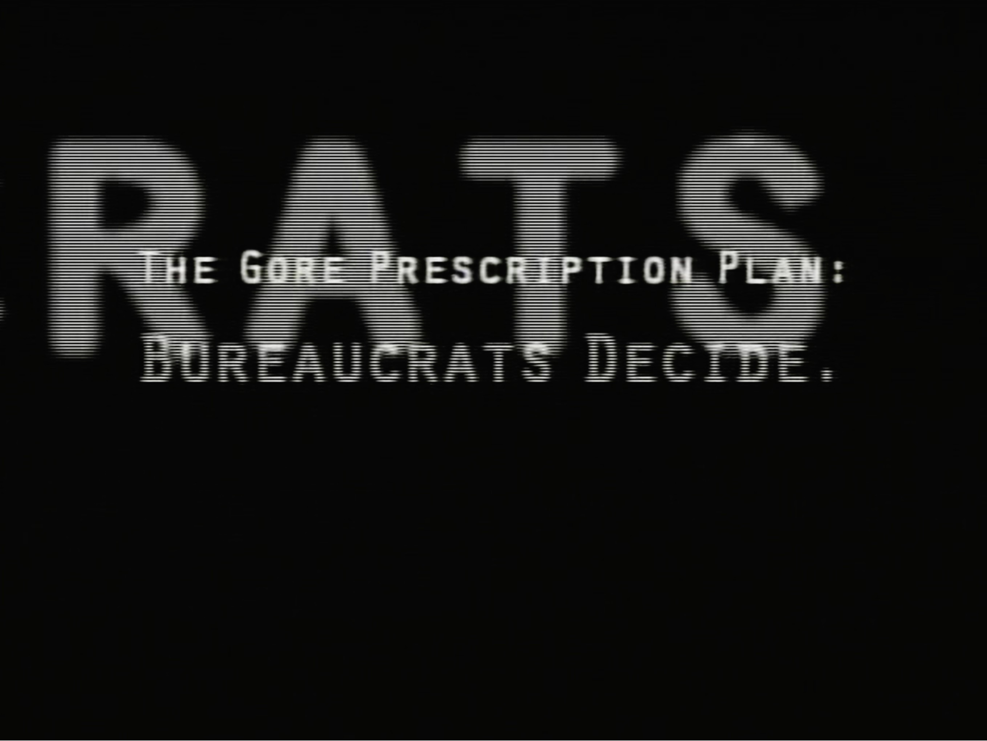 A political advertisement briefly displays the large word “RATS” behind text criticizing a prescription plan, referencing a known subliminal messaging controversy.