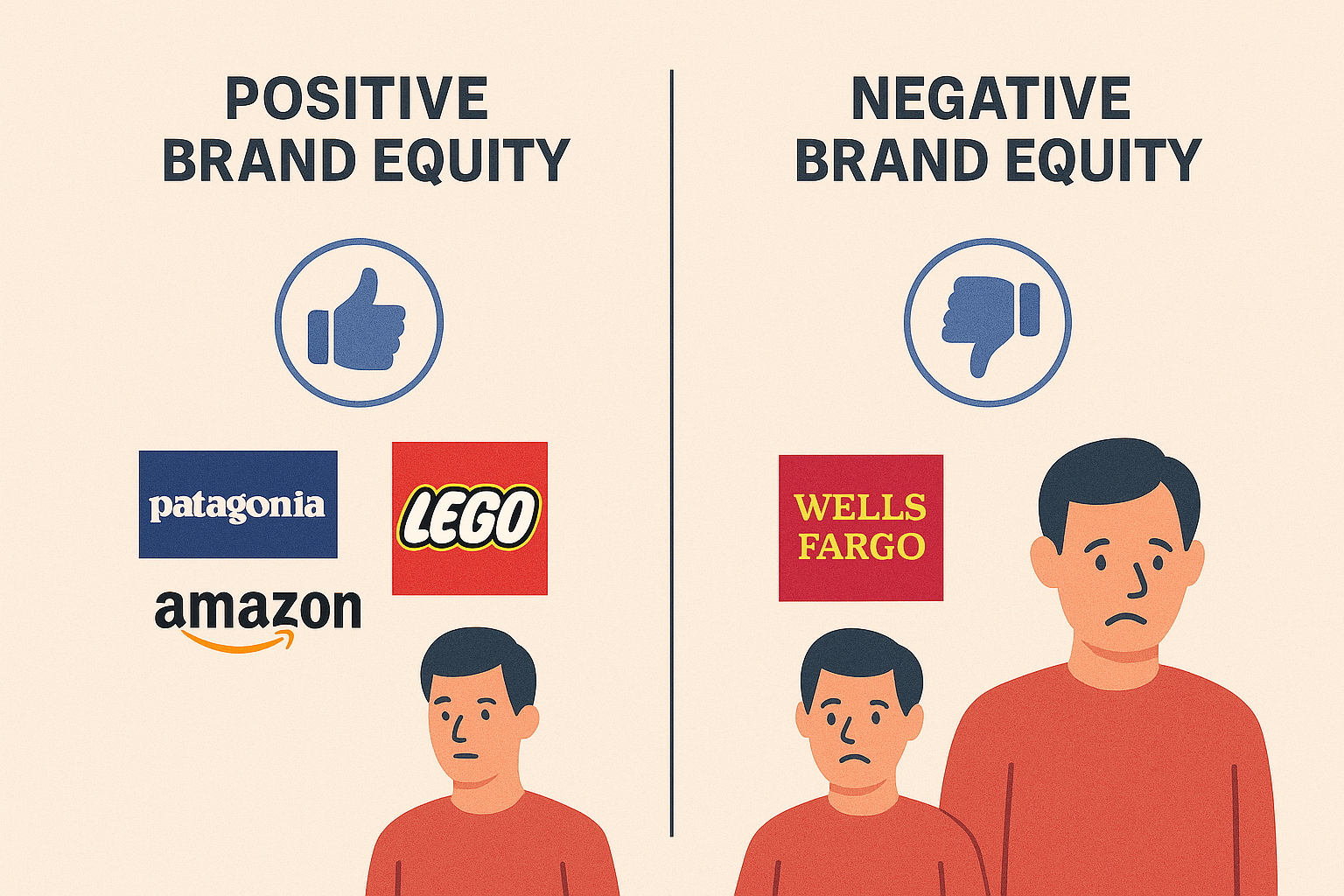 An illustrated chart compares positive brand equity brands like Patagonia, LEGO, and Amazon with negative brand equity represented by Wells Fargo alongside people showing satisfied and unhappy expressions.