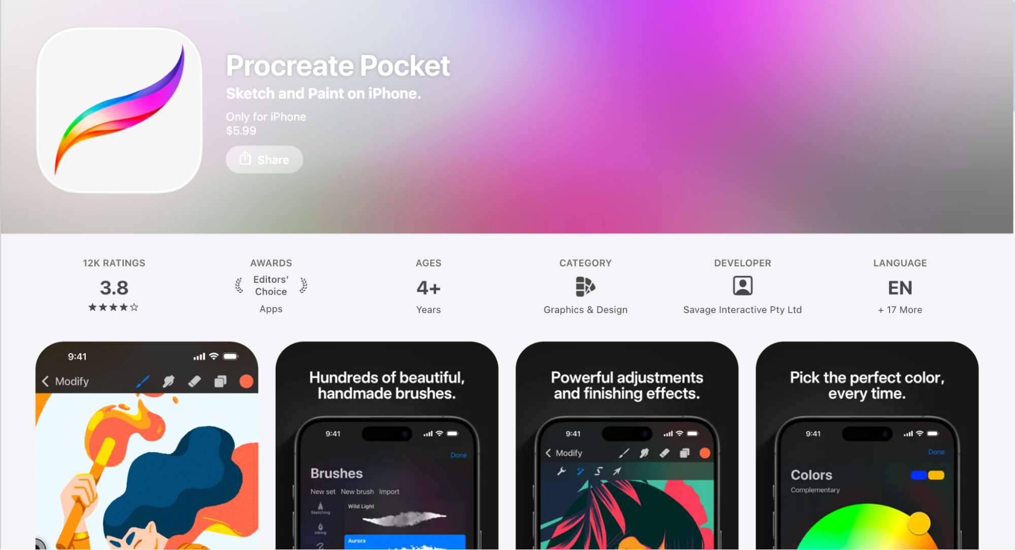 Screenshot of the Procreate Pocket App Store page highlighting iPhone sketching tools, brushes, and color selection features.