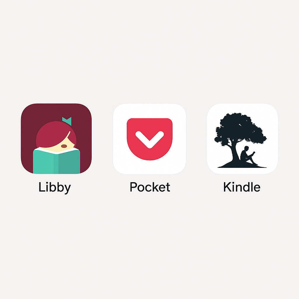 Icon set showing popular reading and content-saving apps including Libby, Pocket, and Kindle.
