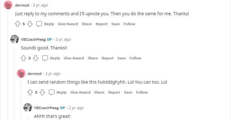 Screenshot of a Reddit thread where users coordinate upvotes and casually chat in the comments, reflecting typical platform interaction.