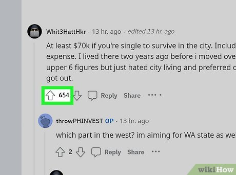 WikiHow-style screenshot showing a Reddit comment with 654 upvotes, demonstrating how upvote counts appear in discussion threads. Slug: reddit-comment-upvote-coun