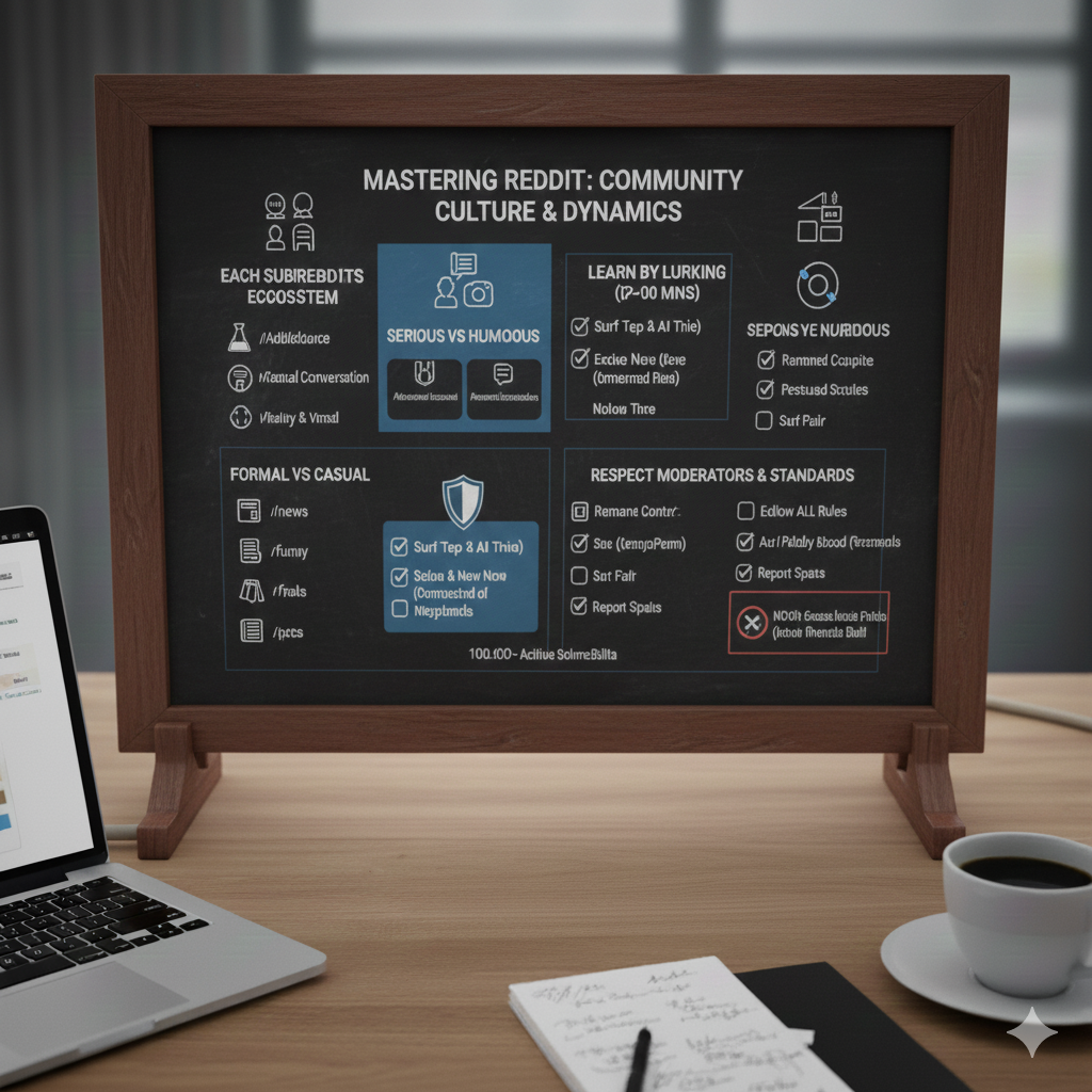 A chalkboard-style guide explaining Reddit community culture, subreddit dynamics, humor vs. seriousness, moderation rules, and posting best practices.